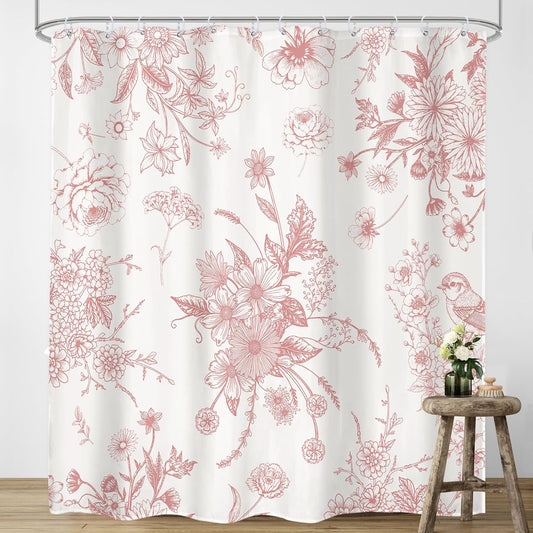 Pink Floral Shower Curtain 72Wx84H Inches Extra Long Vintage Boho Bird Rustic Farmhouse Chinoiserie Aesthetic Cream Cloth Fabric Waterproof Polyester Bathroom Home Decor Set with Hooks