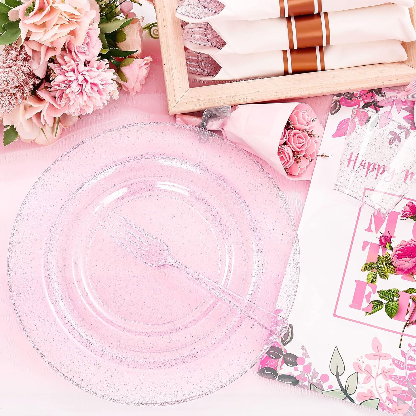 DaYammi 350PCS Rose Gold Glitter Dinnerware Set 50 Guest for Party- 50 Pink Plastic Dinner Plates, 50 Dessert Plates- 50 Per Rolled Napkins with Rose Gold Glitter Cutlery - 50 Cups 9 OZ