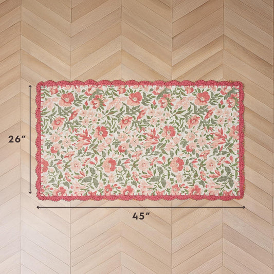 Laura Ashley Cotton Crochet Border Sherston Coral Pink Floral Machine Washable & Slip Resistant 26" x 45" Accent Rug