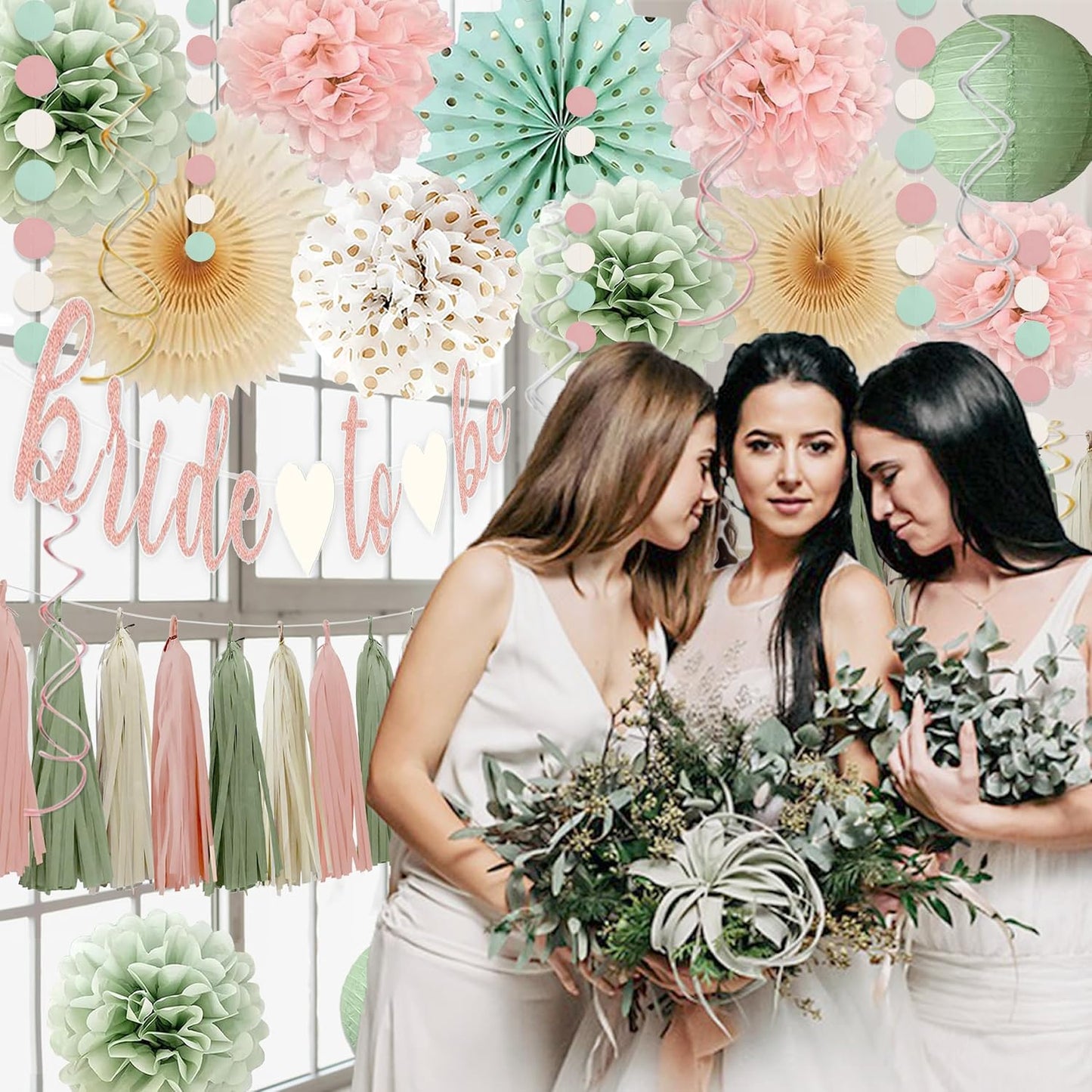 Sage Green and Blush Pink Bachelorette Party Decorations - Bride To Be Banner, Sage Green Paper Lanterns, Streamers, Tissue Pom Poms, Blush Pink Beige Boho Paper Tassel, Rustic Backdrop Decor