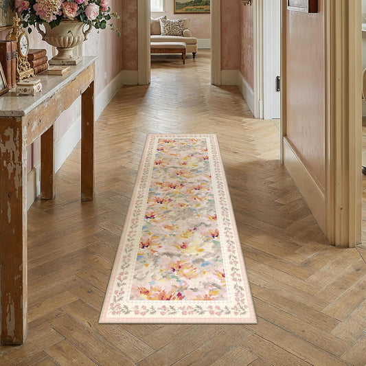 2x5 Washable Runner Rug Beige Pink Floral Abstract Hallway Kitchen Throw Rug Modern Non Slip Soft Low Pile Carpet for Bathroom Laundry Bedroom Living Room