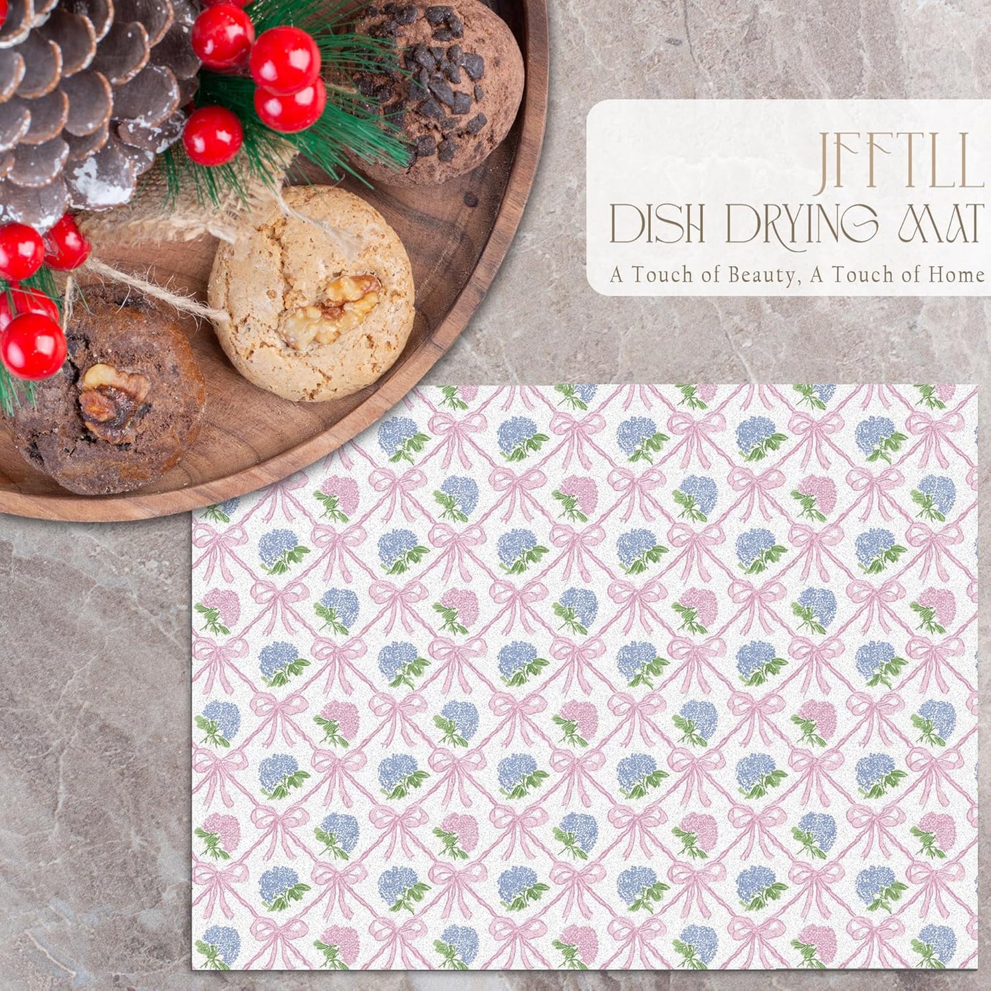 Coquette Pink Bow Hydrangea Dish Drying Mat, Preppy Girly Pink and Blue Hydrangea Flower Absorbent Dish Drainer Reusable Washable Drying Mat Pad for Kitchen Counter, 12×15 Inch