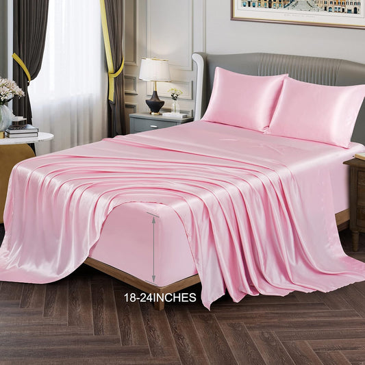 Vonty Satin Sheets Extra Deep Pocket California King Sheet Set - Cooling & Silky Satin Cal King Sheet with 18-24 Inch Deep Pocket, Pink Satin Bed Sheets Fit Up to 24" Deep Matress - 4 Piece