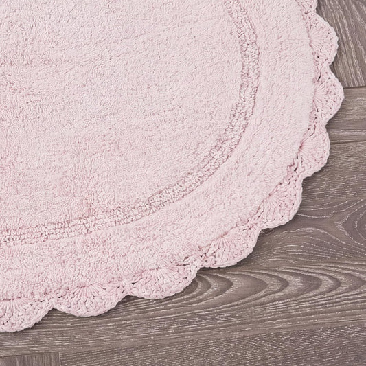 Laura Ashley Eloise 100% Cotton Oval Bath Mat with Crochet Border, Soft & Absorbent, Light Pink 21" x 34" Bathroom Rug