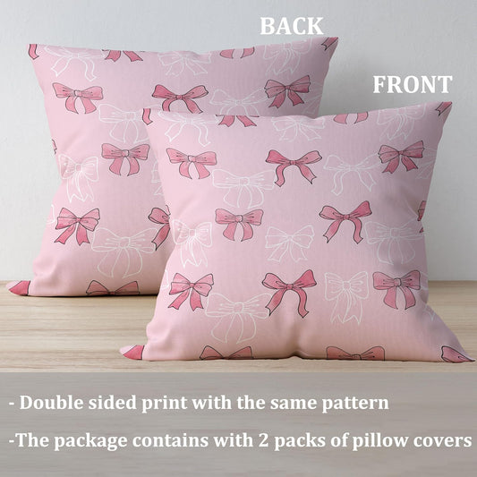Pink Bow Throw Pillow Cover Case 18x18 Set of 2 Preppy Cute Aesthetic Art Decor Decorative Pillowcover Zipper Couch Women Girl Farmhouse Bedroom Square Sofa Cushion Living Room Bed Classroom