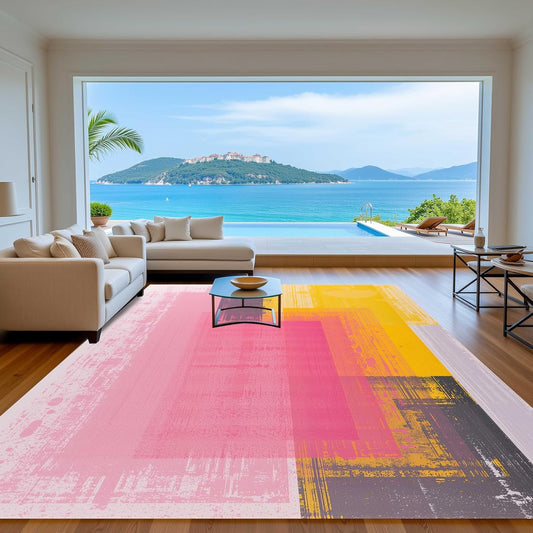 Pastel Pink Yellow Grey Modern Abstract Aesthetic Area Rug 4x6 Washable Soft Wool Art Decor Rug for Living Room Bedroom Diningroom Minimalist Nursery Dorm Room Home Office Indoor Carpet Mat