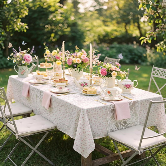 Breling 2 Pcs Floral Tea Party Decoration Pink Vintage Rectangle Tablecloth White Lace Runner Spring Summer Flower Table Decor for Garden Wildflower Baby Shower Party Supplies Bridal Shower Wedding