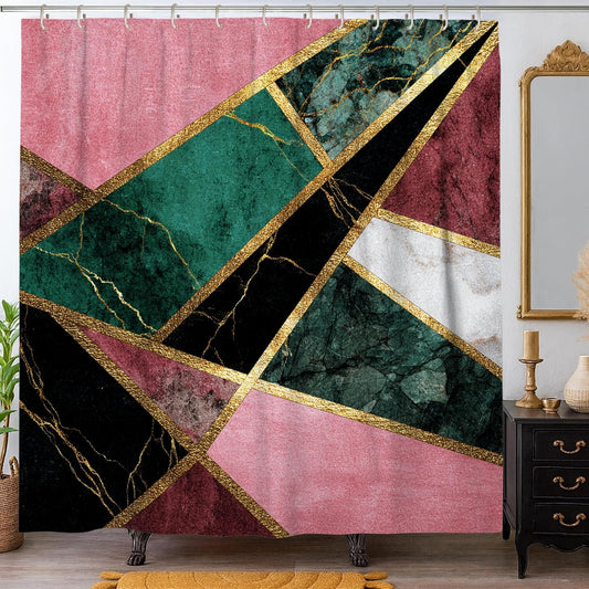 Geometric Shower Curtain, Peach Green Black White Modern Art Bathroom Decor, Spring Summer Stylish Waterproof Fabric Shower Curtain with Hooks 72x84 Inch