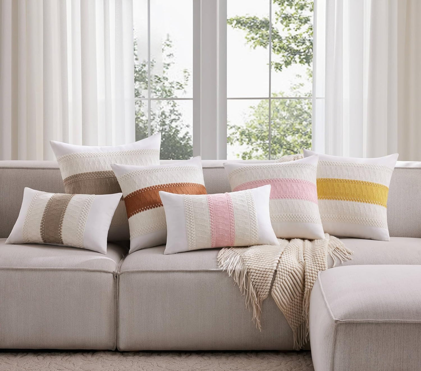 Soft Cotton Boho Lumbar Throw Pillow Covers Set of 2, Natural White/Contrast Light Pink 12x20 Inch, Light Pink Farmhouse Decorative Cushion Covers for Sofa Bed Living Room Home Decor