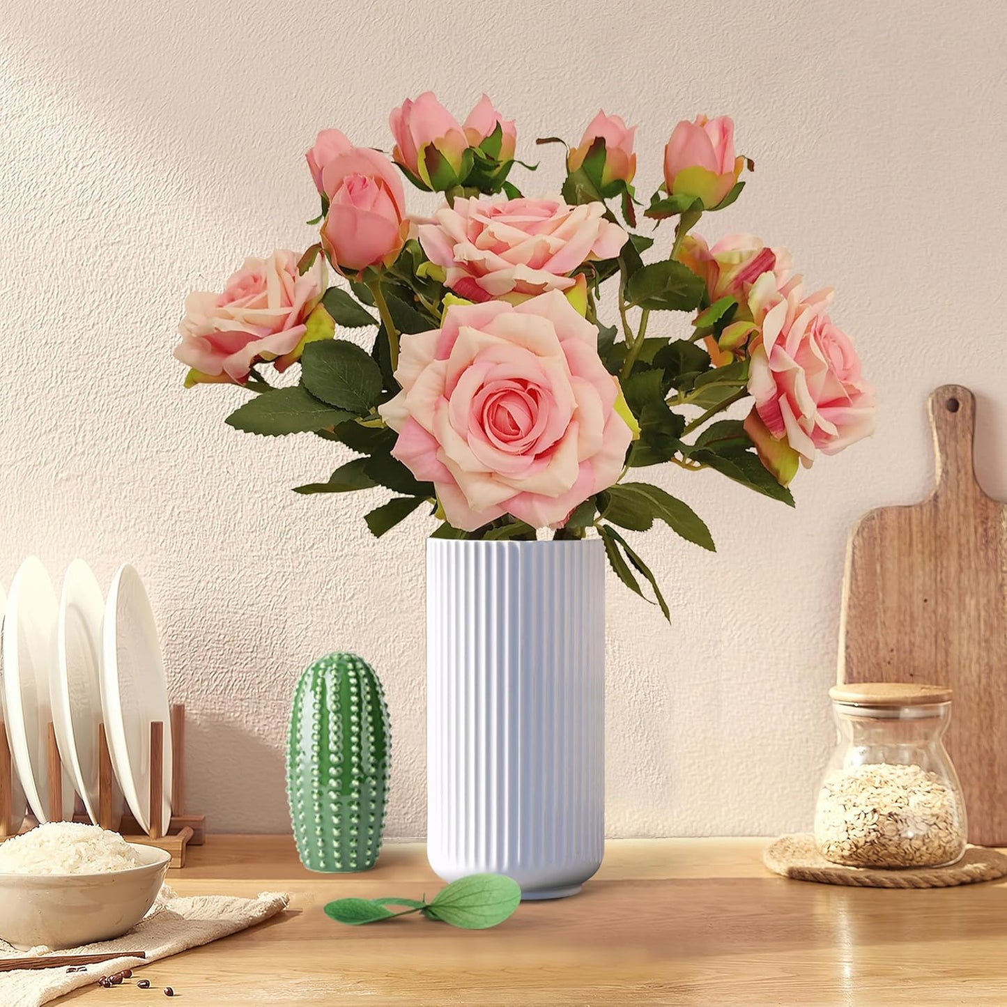 ATFL Fake Pink Roses Flowers, 6 Pcs Faux Silk Real Touch Moisturizing Artificial Pink Rose Flowers for Decoration DIY, Wedding Party, Home Office Decoration and Dining Table Centerpiece (6, Pink)
