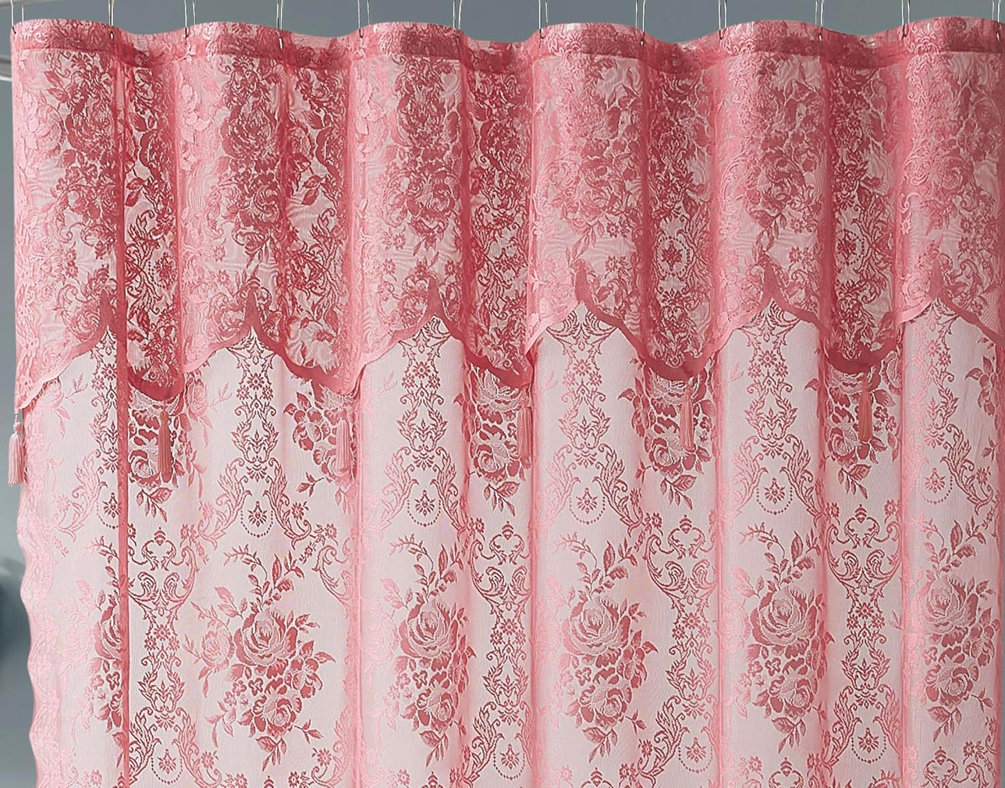 Warm Home Designs Pink Rose Lace Shower Curtain 72 x 84 Inches with Attached Valance & 7 Tassels. Luxury Farmhouse Shower Curtains for The Bathroom or Boho Shower Curtains for Bathroom. LA Rose 84"