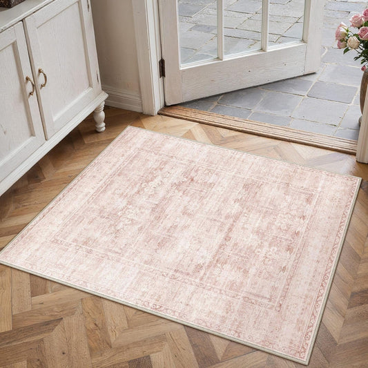 HUGEAR Retro 2x3 Washable Small Entryway Area Rugs Pink Throw Carpet Vintage Distressed Neutral Stain Resistant Non Slip Low Pile for Playroom Kidsroom Home Aesthetic Decor