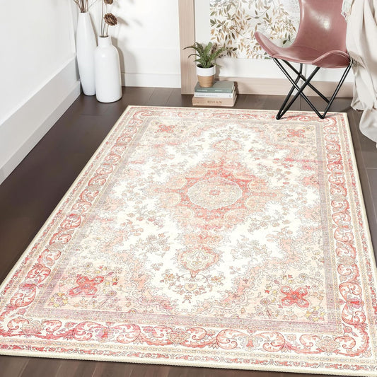 Pink Rug 3'x5',Washable Area Rugs for Bedroom Living Room Kitchen Entryway Bedside,Small Boho Vintage Bohemian Distressed Oriental Non Slip Carpet,Blush Floral