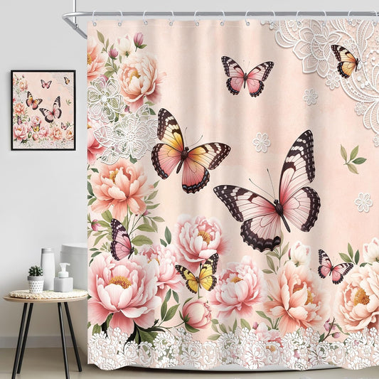 Pink Floral Butterfly Shower Curtain 72Wx78H Inch Vintage Rose Gold Flower Peony Lace Shower Curtain for Bathroom Bathroom Set Rustic Girly Women Bath Curtain Bathtub Accessories Home Decor