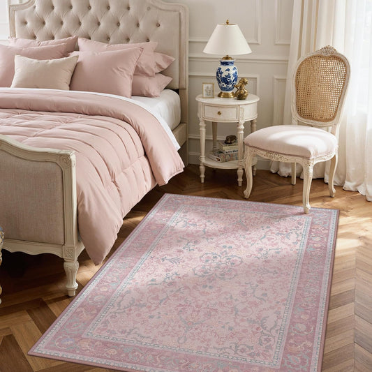 Pink Area Rug 4X6 Washable Rugs for Bedroom Girls Floral with Non Slip Backing, Low Pile Carpet for Entryway, Kitchen or Living Room, Light Pink Blue