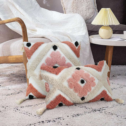 Merrycolor Boho Throw Pillow Covers 18x18 with Tassels Tufted Pink Throw Pillows Modern Farmhouse Decorative Pillows Cover for Bed Couch Sofa Bedroom,1PC