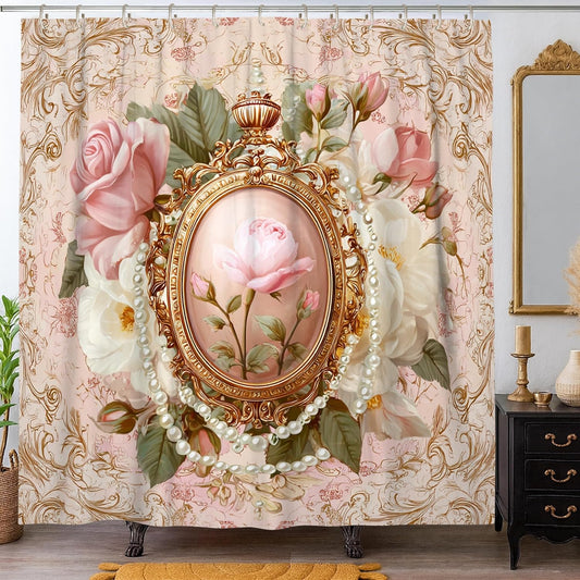 Rose Shower Curtain, Vintage Elegant Pearl Frame Spring Peach Waterproof Fabric Toile Cloth Shower Curtains for Bathroom Toile Guest Room Decor 72x78 Inch
