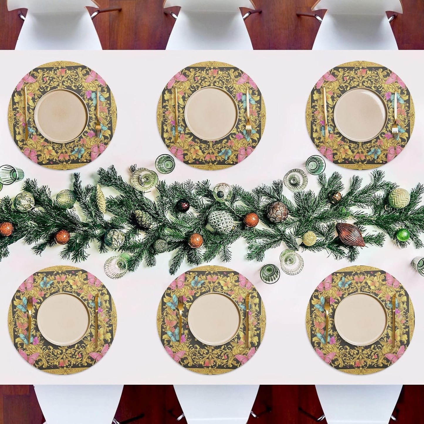 Retro Butterflies Pattern Gold and Peach Place mat Round Reusable placemats Washable Cloth placemats Plates mats Waterproof Table Runner placemats 6 for Non Slip 15.4x15.4in