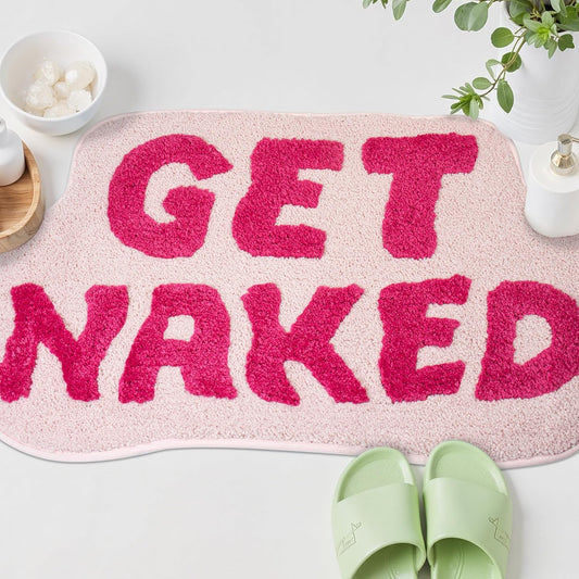 KOEXM Get Naked Bath Mat Pink Bathroom Rugs 20" x 32" Cute Bath Mat, Non-Slip Absorbent Funny Bathroom Decor Machine Washable Irregular Shaped Shower Rug