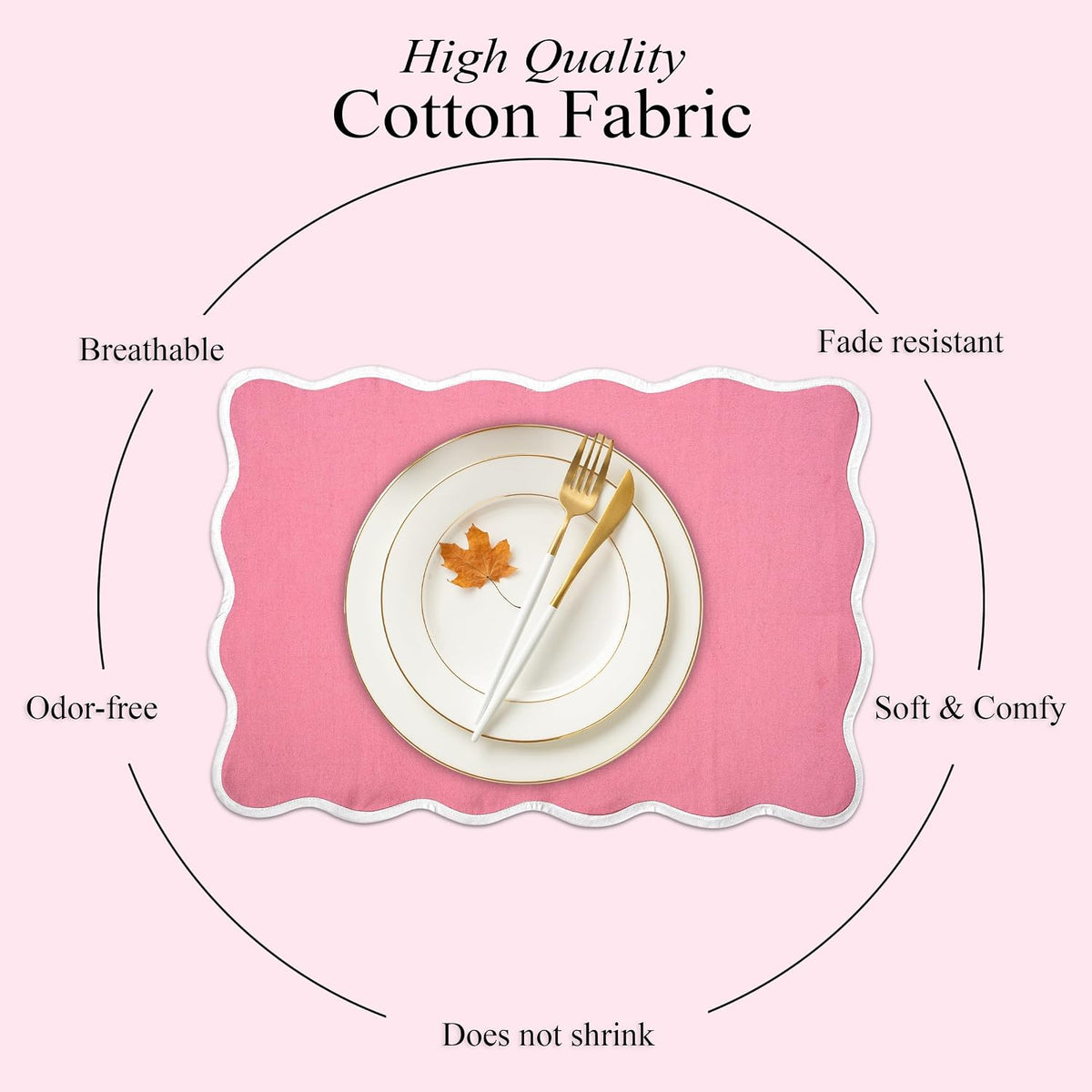CPC Cotton Placemats Poopy Pink Set of 4-Hand Block Printed Reversible Placemats, Flower Scalloped & Embroidered Cloth Table Mats - 14 x 20 inch Gift for Spring, Mother's Day