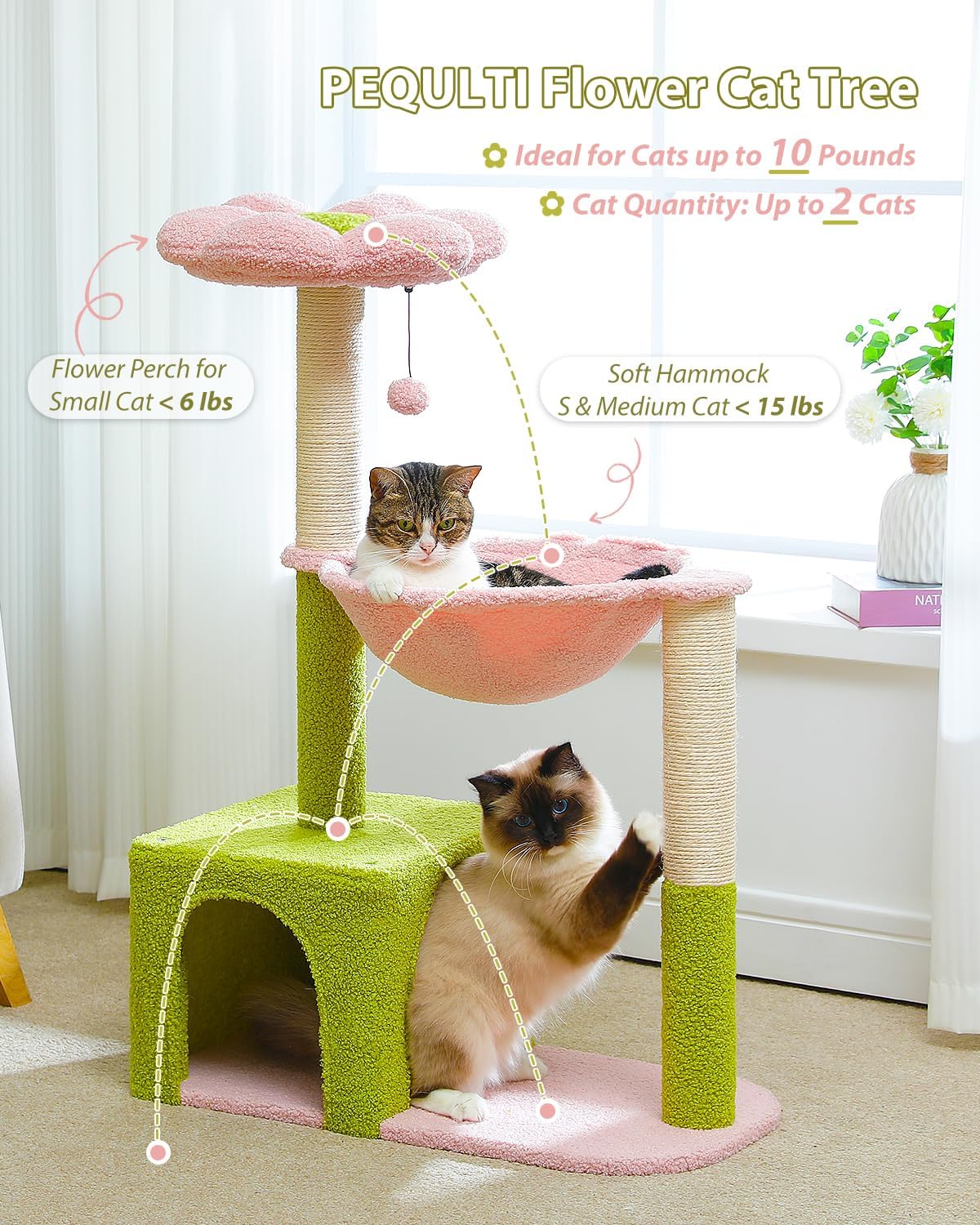 Flower Cat Tree, 36.6" Pink Cat Tower with Sisal Scratching Posts for Indoor Cats, Large Hammock, Condo and Pink Top Perch for Kittens, Fluffy Ball, Blue