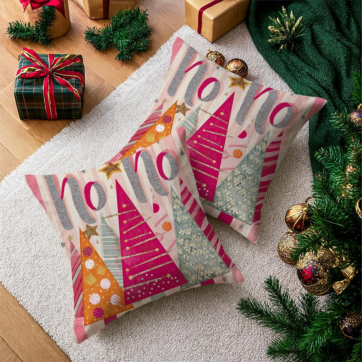 Christmas Trees Throw Pillow Covers, Festive Playful Stars Polka Dots Xmas Peach Soft Velvet Washable Cover Decorative Pillows for Living Room Bed Office Sofa Chair Decor 18x18 Inch