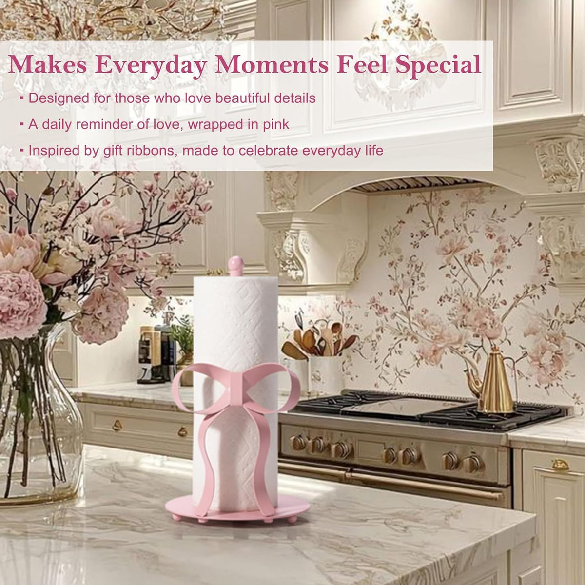 Pink Bow Paper Towel Holder Coutertop - Bow Accent Paper Towel Holder, Pink Kitchen Decor and Accessories, Coquette Room Decor Girly Gifts for Women, 3D Handmade Pattern, Weighted Base