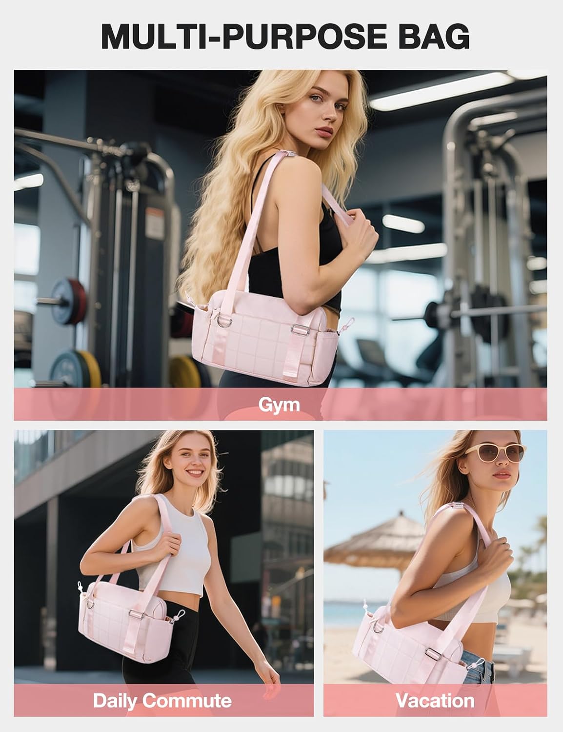 Mini Gym Bag for Women Puffy Bag, Small Gym Bag with Coin Wallet, Lightweight Gym Tote Bag for Fitness, Work, Travel, Daily Commute,Pink