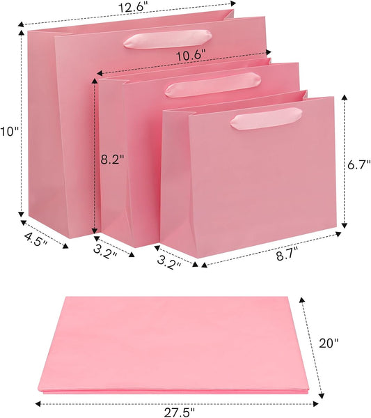 Pink Gift Bags Bundle in Different Sizes(4 Small 8.7'', 4 Medium 10.6'', 4 Large 12.6'') Gift Bags with Tissue Paper, Pink Kraft Paper Bags for Wedding, Graduations, Birthdays, Shopping (12)