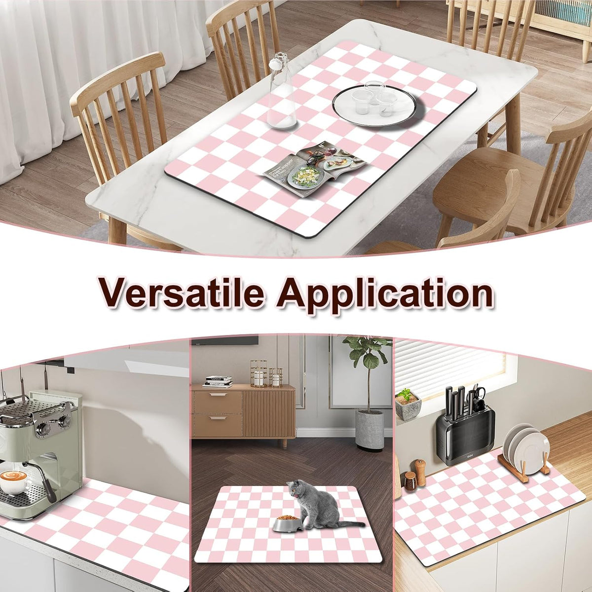 Dish Drying Mat for Kitchen, 16'' x 24'' Checkered Coffee Bar Mat for Countertops, Coffee Station Mat with Non-slip Rubber Backed, Absorbent Dish Dying Pat for Kitchen Counter, Pink & White