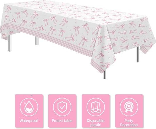 Srua Don Pink Bow Party Decorations Tablecloth, Girl Bow Theme Coquette Birthday Party Supplies Table Cover, Pink Bow Birthday Baby Shower Decorations Table Cloth, 3 Pack, 86in x 55in