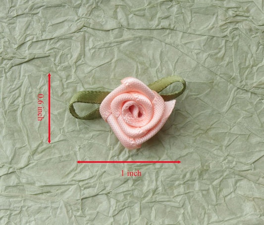 50 Pcs Satin Roses with Green Leaves Mini Cute Ribbon Bows Fabric Artificial Flower Supplies Ornament Applique for DIY Crafting Sewing Wrapping Wedding Decoration (Peach)