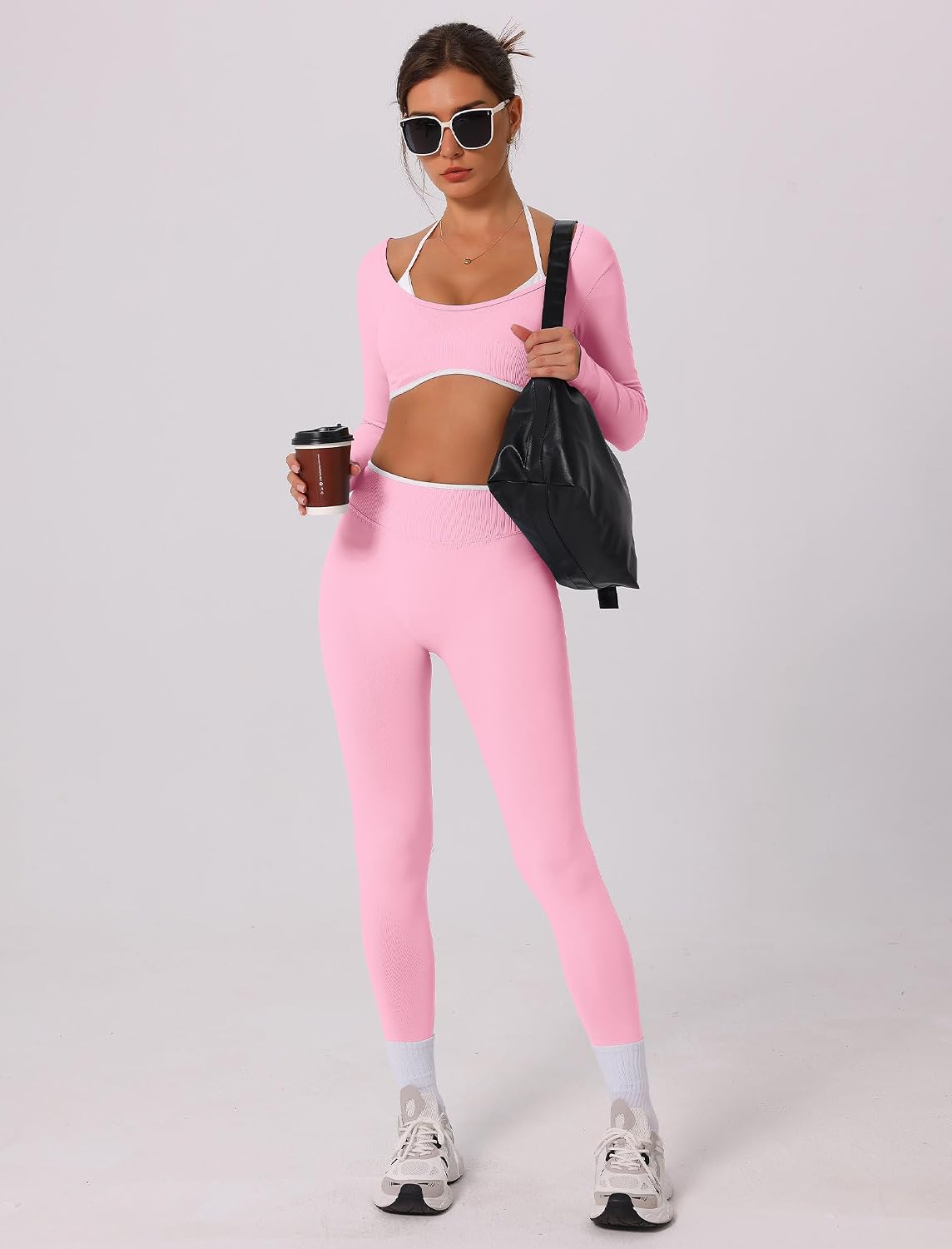 ABOCIW Workout Sets for Women Long Sleeve Crop Top Scrunch Butt Lifting High Waist Leggings 2 Piece Gym Yoga Outfits