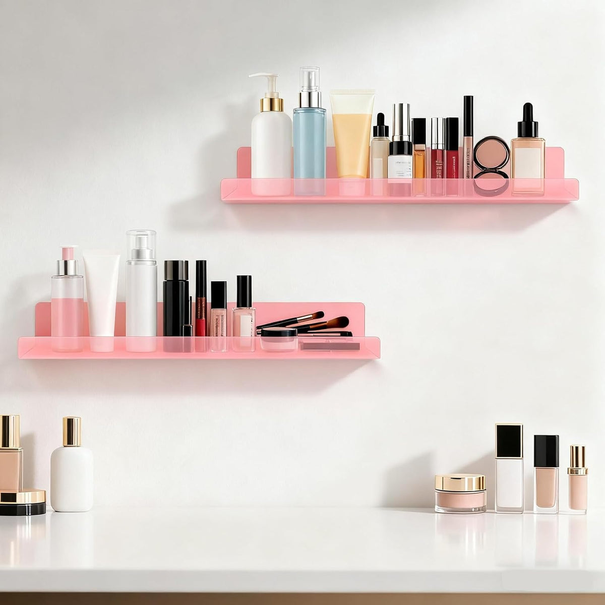 4 Pack Acrylic Shelves for Wall, 15" Acrylic Floating Shelves for Bathroom Bedroom, Invisible Bookshelf Wall Ledge Storage Shelf Books Perfume Toys Action Figure Display Shelves, Pink