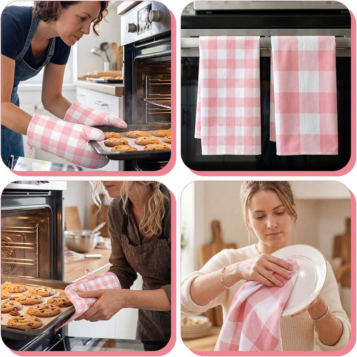 7 Pcs Pink Buffalo Check Kitchen Decor Accessories Set Pink Gingham Apron Towel Pot Mat Oven Mitt Set 1 Apron 2 Dish Towels 2 Pot Mats 2 Oven Mittens Glove Baking Cooking Gift for Women