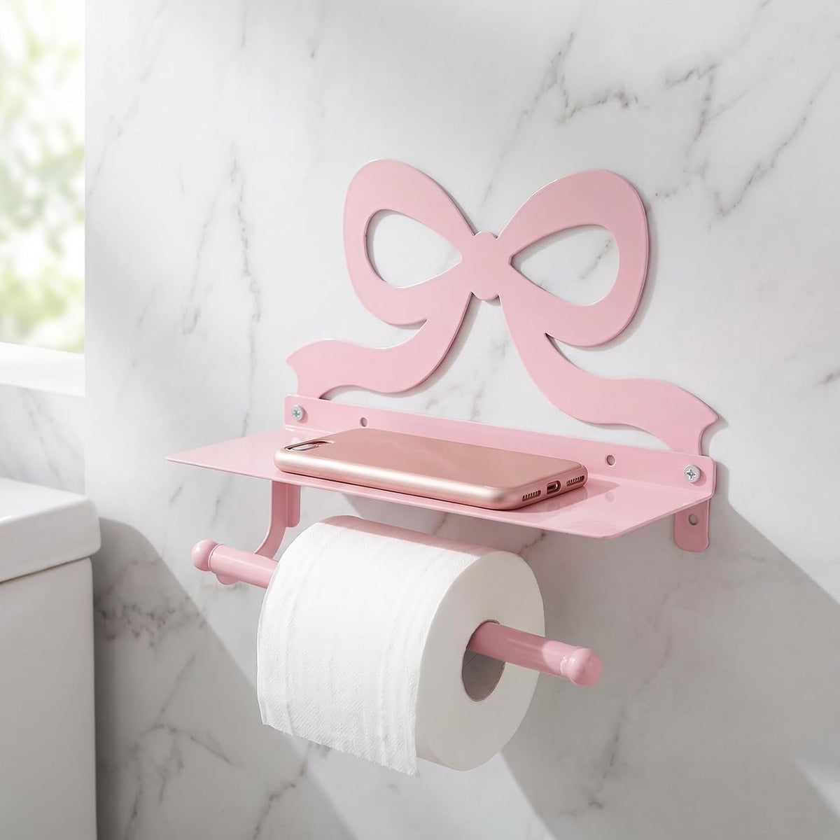 Toilet Paper Holder with Phone Shelf - Pink Bow Wall Mount Tissue Roll Holder - Decorative Tissue Dispenser Stand - Wedding Bathroom Decor Accessory