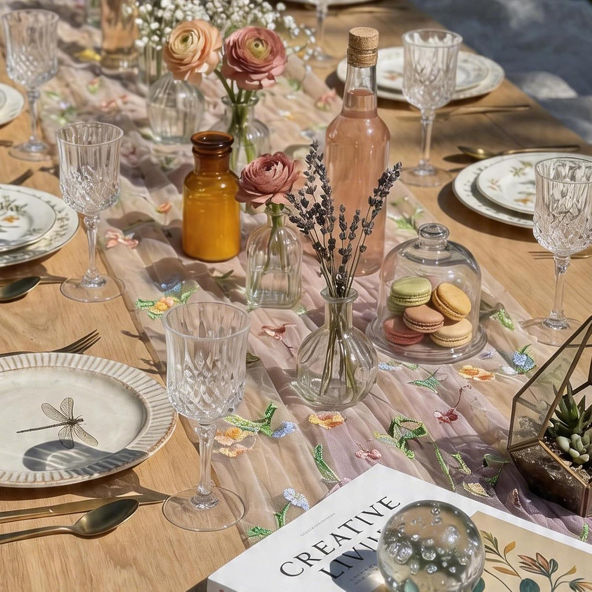 Pink Floral Table Runner 10ft Embroidery Tulle Spring Wildflower Table Runner Seasonal Summer Butterfly Kitchen Dining Gauze Decoration for Baby Shower Wedding Party Birthday (1 Pcs)