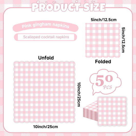 50 PCS Gingham Napkins Disposable; 3-ply Pink and White Checkered Napkins; Plaid Scalloped Cocktail Napkin for Baby Shower, Wedding, Birthday, Picnic, Valentines; Pink Gingham Paper Napkin