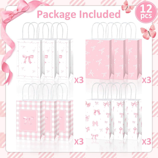 12Pcs Pink Bow Party Favor Bags Bows Themed Goodie Bag Candy Bags for Birthday Bachelorette Parties Decoration Bow Gift Treat Bag with Handles for Bridal Engagement Baby Shower Party Supplies
