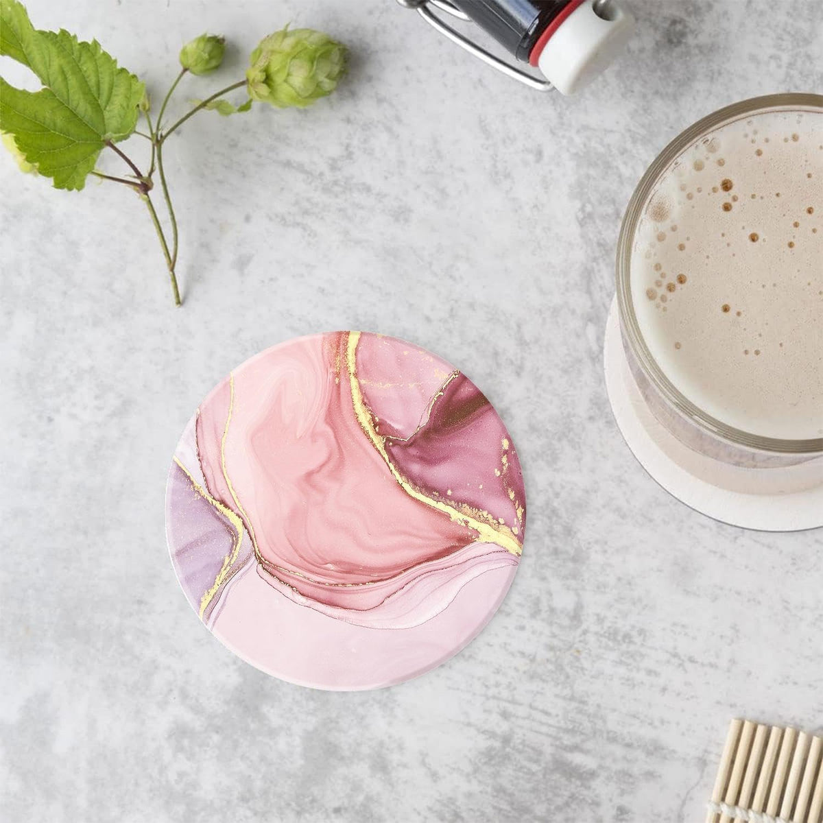 Drink Coasters Set of 4 with Holder Round Water Absorbent Pink Cute Marble Ceramic Coasters Tabletop Protection, Suitable for Various Mugs, Home Decor,Housewarming Gift, 4 Inch