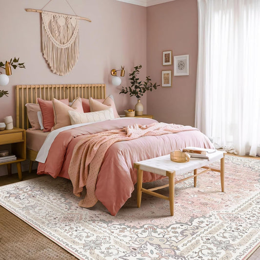 Pink 5x7 Area Rugs for Living Room, Washable Vintage Boho Rug