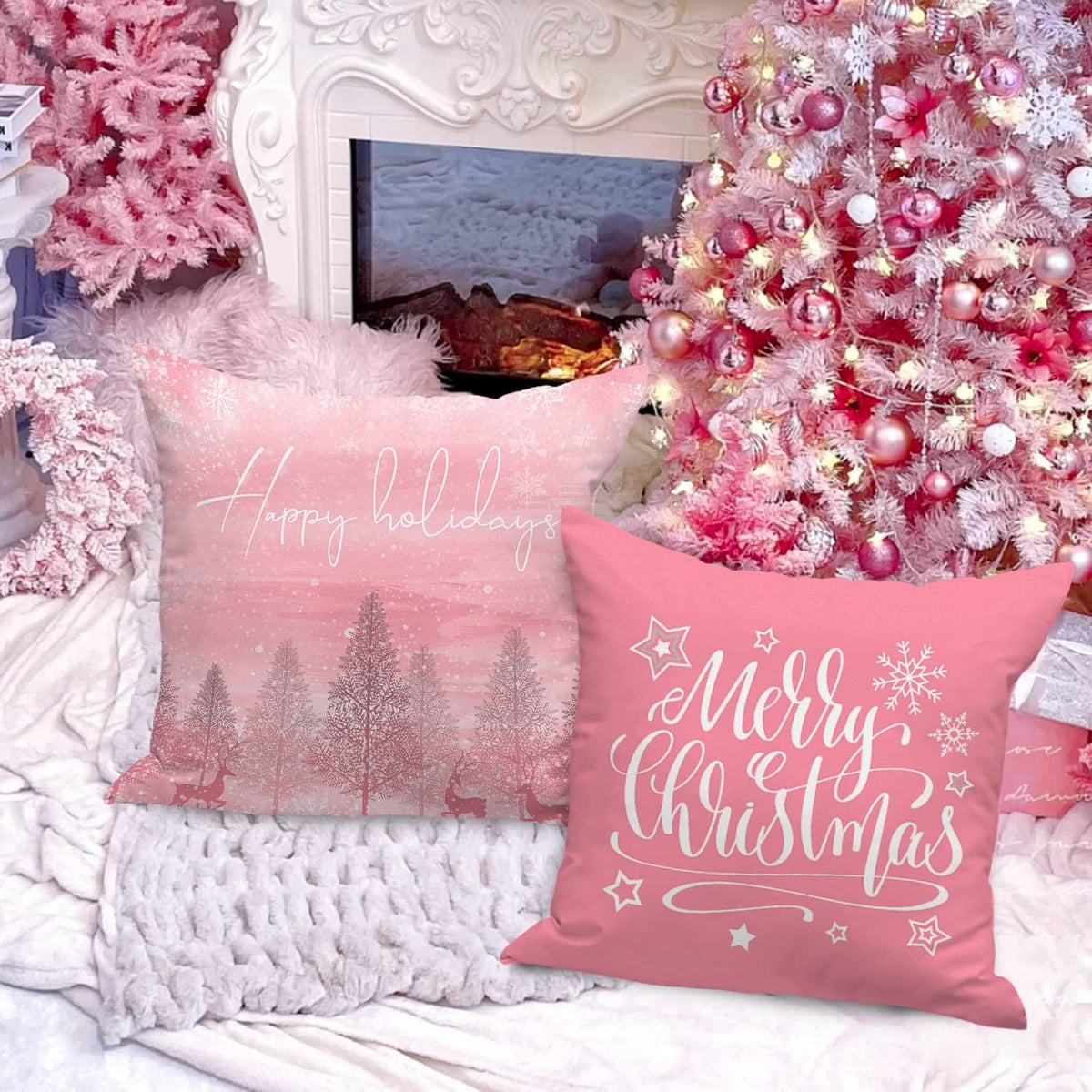 White and Pink Christmas Throw Pillow Covers 18x18 Set of 4, 18 inch Decorative Xmas Cushion Covers Pillow Cases for Home Bedroom Room Holiday Couch Decor Decorations