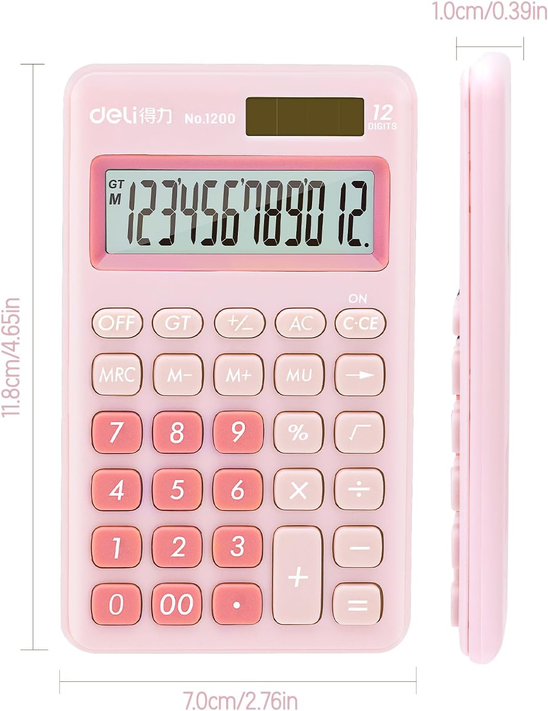 Deli Standard Function Basic Calculator, 12 Digit Desktop Calculator with Large LCD Display, Solar Battery Dual Power Office Calculators, Pink