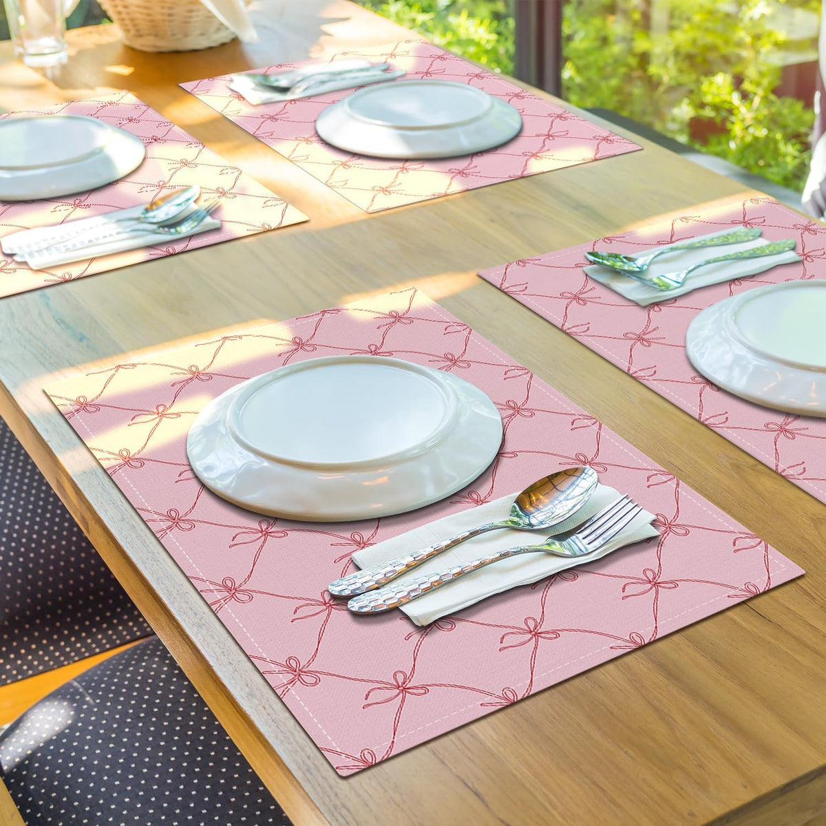 Set of 4 Pink Bow Placemats, Wipeable Washable Heat-Resistant Linen Fabric Table Place Mats, Non-Slip Cute Placemat for Kitchen Table Wedding Party Indoor/Outdoor Decor 12x18 Inch /02