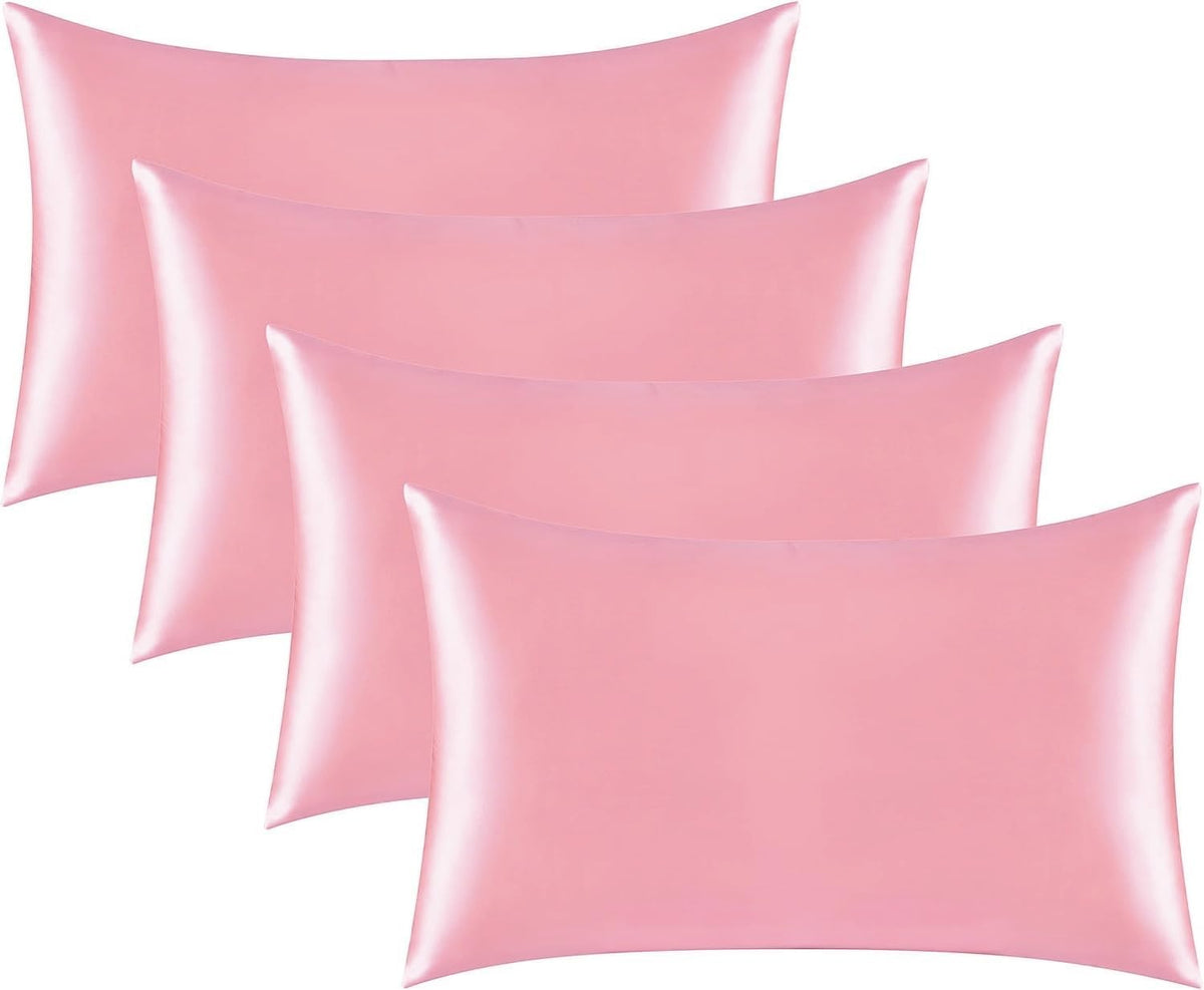 Satin Pillowcase for Hair and Skin, Black Pillow Cases Standard Size Set of 4 Pack Super Soft Pillow Case with Zipper Closure (Pink, Queen(4 Pack))
