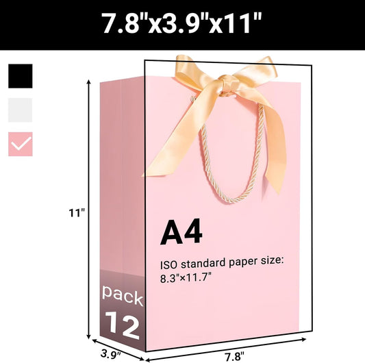 EUSOAR Gift Bags, 12pcs 7.8"x3.9"x11" Gift Paper Bags with Bow Ribbon Handle - Wedding, Baby Shower, Birthday, Bridesmaid, Business, Party - Pink