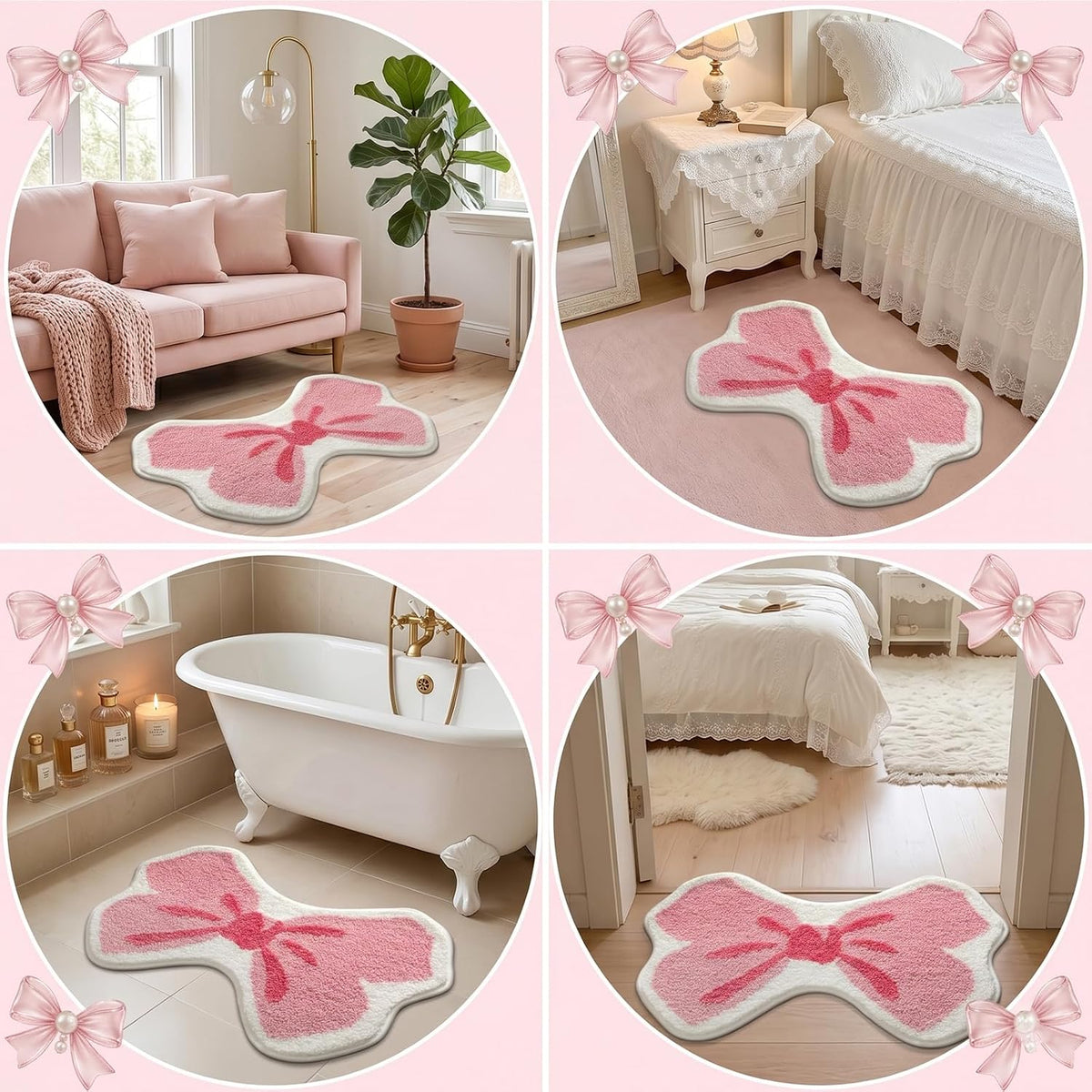 Cute Bow Shaped Bath Mat, Non Slip Coquette Bathroom Rug, Fluffy Plush Microfiber Absorbent Shower Rug, Washable Preppy Girly Decor for Bathtub Sink Bedroom Living Room, 31.5" x 20" (Light Pink)