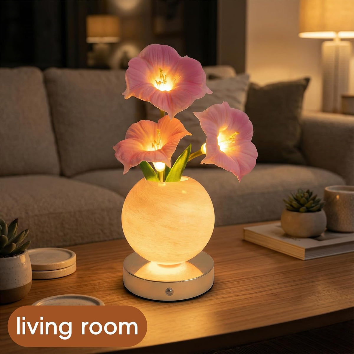 Pink Morning Glory Lamp – Rechargeable Wireless Touch-Control Dimmable Faux Flower Desk Light, LED Glass Planet Vase Night Light, Kitchen Bedroom Office Decor, Housewarming Gift Women and Mom