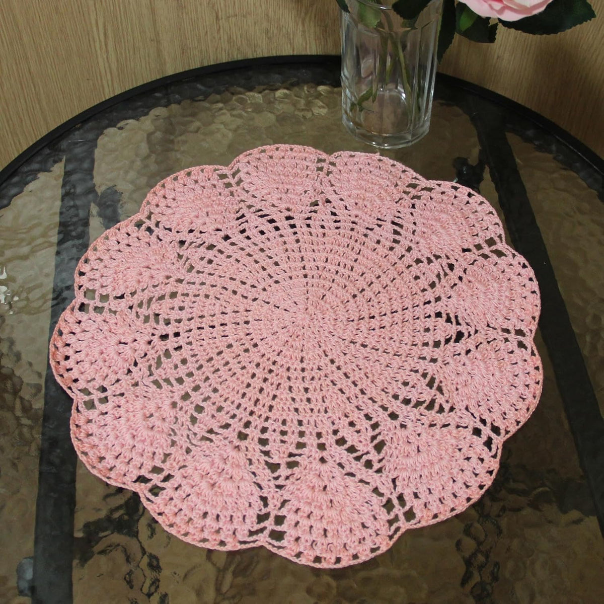 11.8 in to 13.8 in Lace Doilies Round Flower Vase Mats Kitchen Tablecloth Dish Plate Mat Handmade Crochet Table Doily Placemats Coaster for Mother's Day Wedding (Pink,1PC)