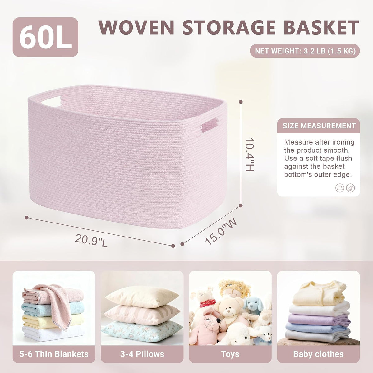 60L Woven Laundry Basket Hamper with Handles, Pink